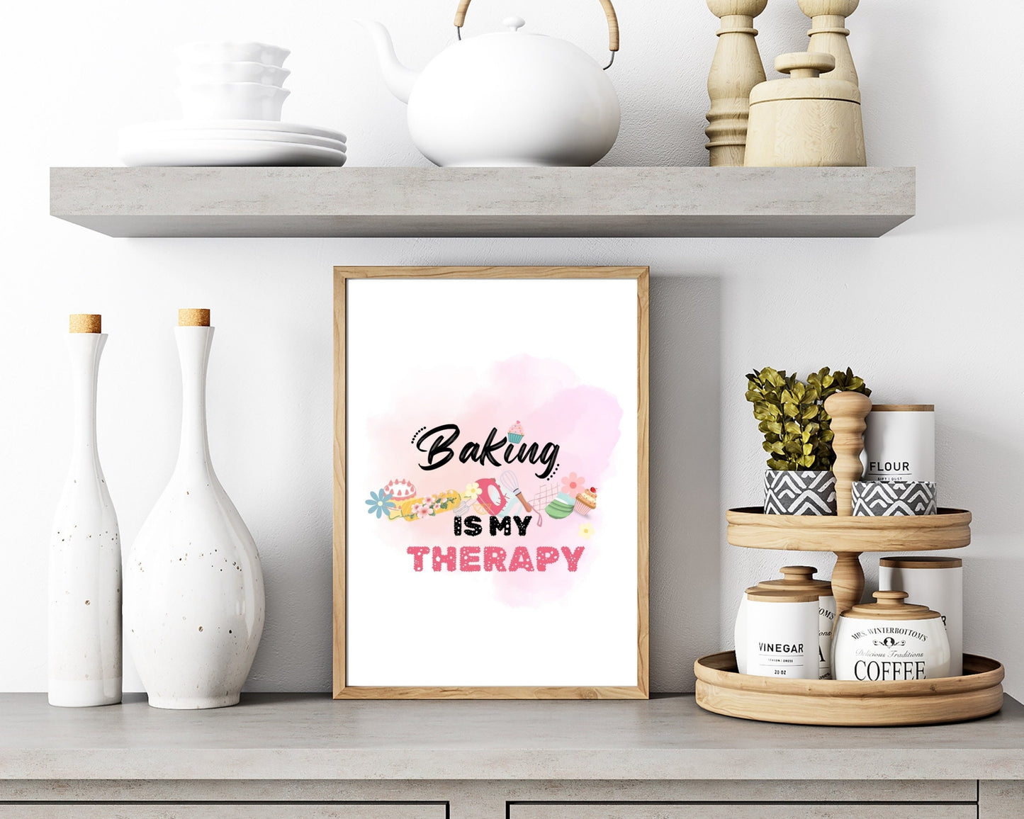 Baking Therapy, Whimsical Baking Watercolor, Kitchen Wall Decor, Quirky Gift for Bakers, Housewarming Gift, Aesthetic Wall Art, Colorful Kitchen Art