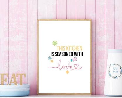 This Kitchen is Seasoned With Love Quote Wall Art | Fun Kitchen Decor | Housewarming Gift Ideas, Funky Wall Art, Printable Wall Art |